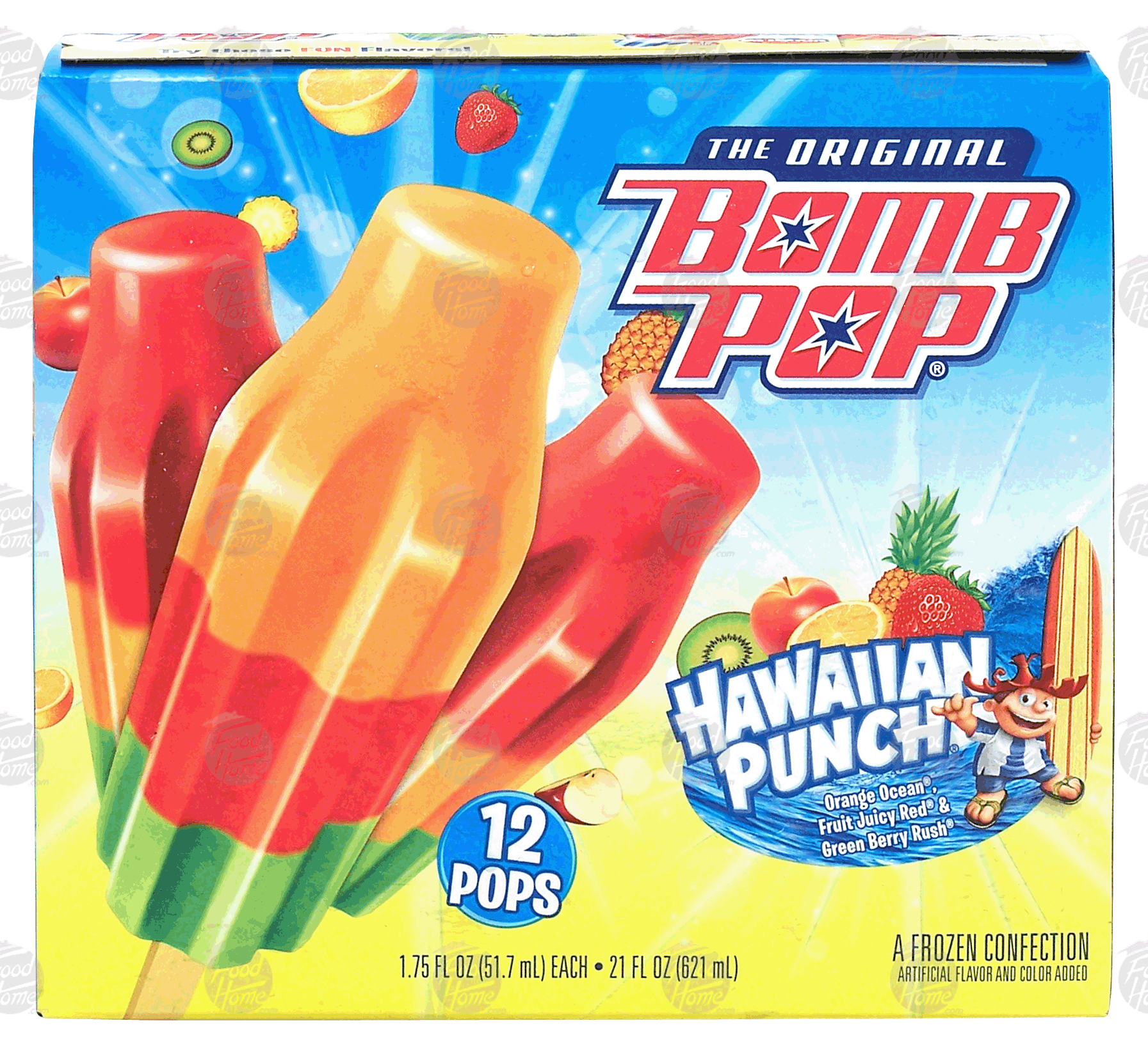 Bomb Pop Hawaiian Punch orange ocean, fruit juicy red & green berry rush frozen confection, 12-pops Full-Size Picture